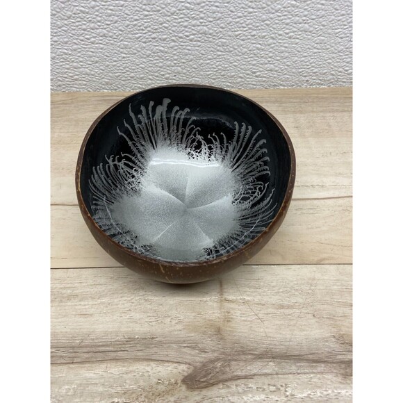 Coconut Shell Bowl Silver And Black Splash Hand Made And Painted - Picture 1 of 5